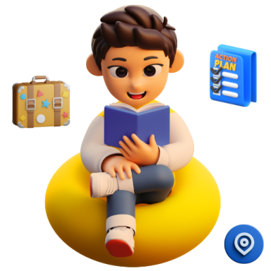 Enfant assis sur un coussin, lisant un livre avec une valise et des icônes de planification.