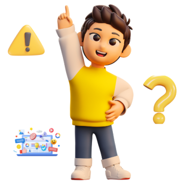 Personnage masculin souriant en t-shirt jaune, montrant un geste interrogatif. Éléments graphiques autour.