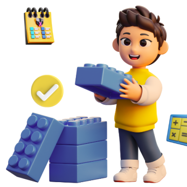 Un enfant joyeux construit avec des blocs de construction bleus, entouré d'accessoires ludiques.